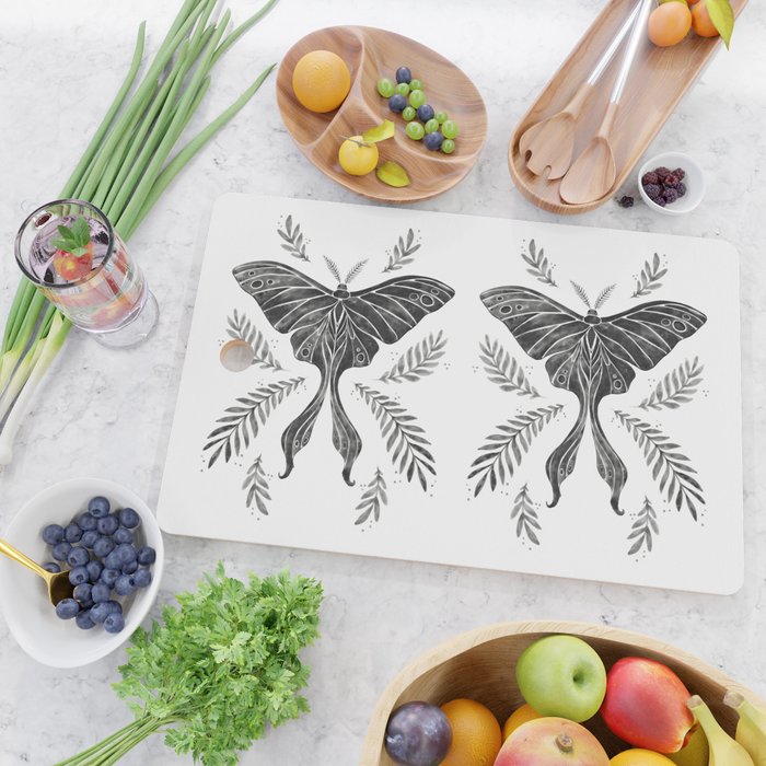 Watercolor Luna Moth in Black and White Cutting Board Gallery Image 2