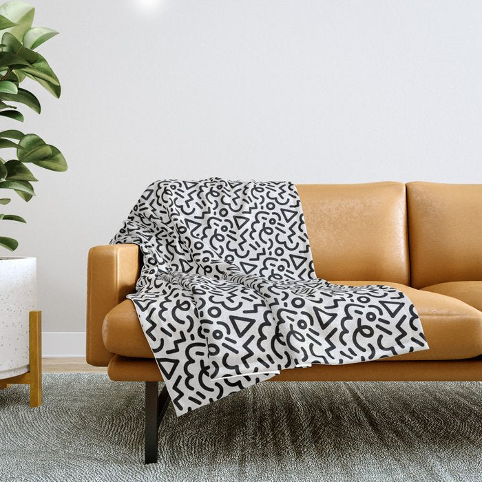Abstract black and white line doodle pattern Throw Blanket Gallery Image 1