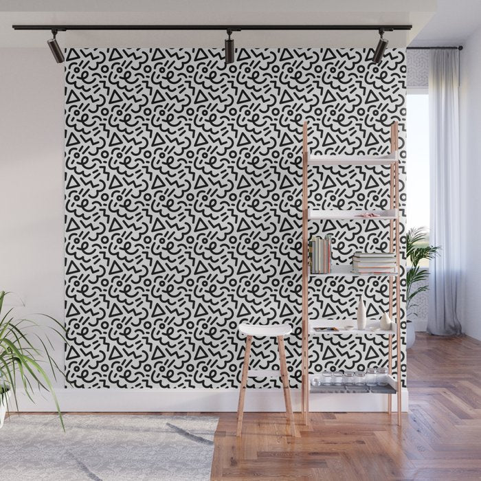 Abstract black and white line doodle pattern Wall Mural Gallery Image 1