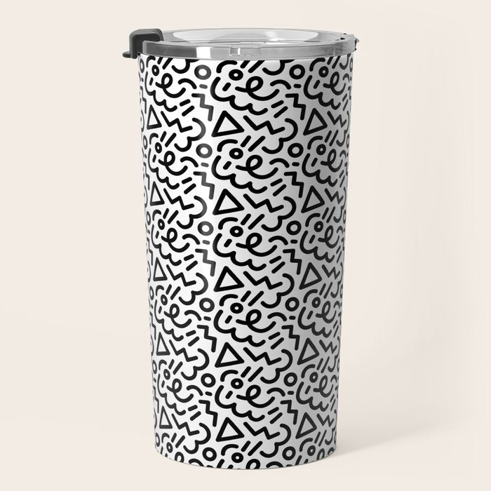 Abstract black and white line doodle pattern Travel Mug Gallery Image 3