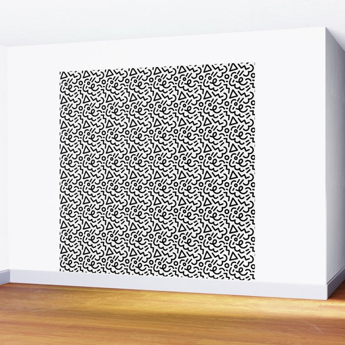 Abstract black and white line doodle pattern Wall Mural Gallery Image 2
