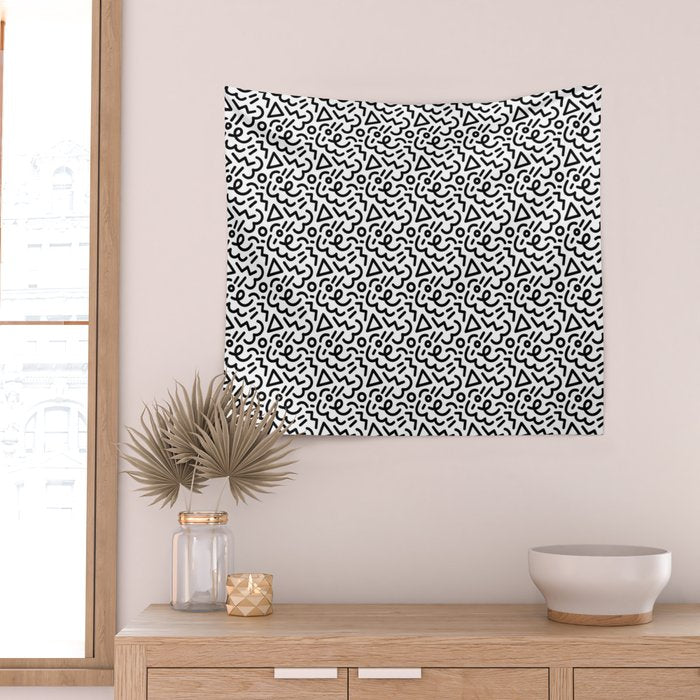 Abstract black and white line doodle pattern Wall Tapestry Gallery Image 2