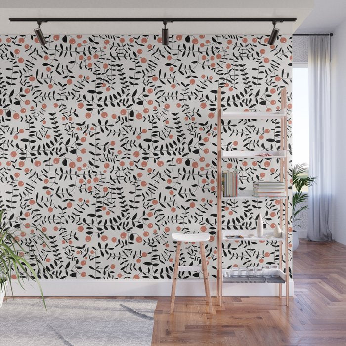 Block print berries black and white Wall Mural Gallery Image 1