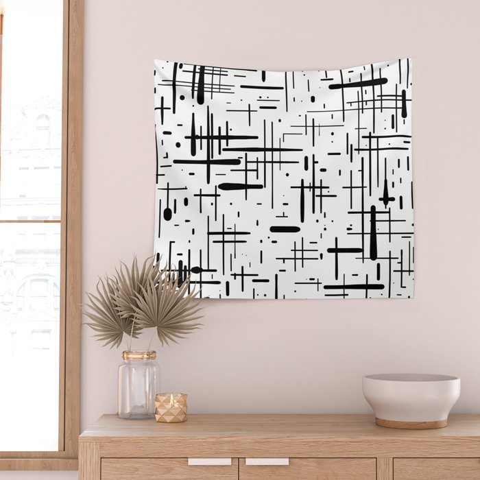Mid-Century Modern Kinetikos Pattern Black and White Wall Tapestry Gallery Image 2
