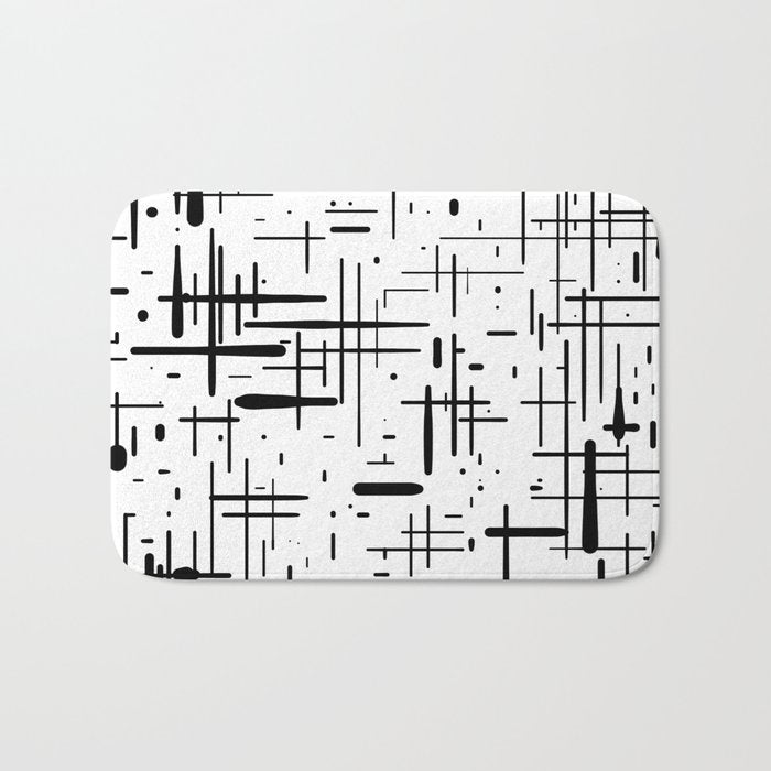 Mid-Century Modern Kinetikos Pattern Black and White Bath Mat Gallery Image 1