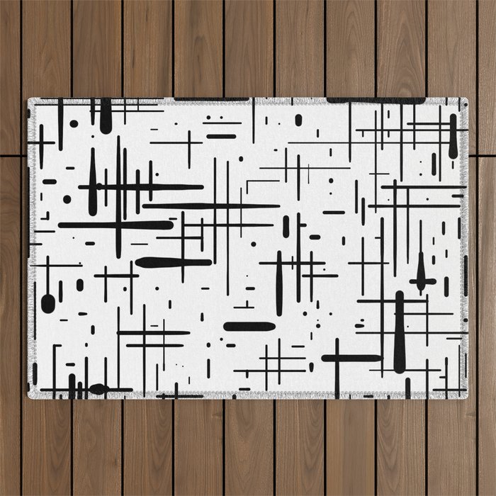 Mid-Century Modern Kinetikos Pattern Black and White Outdoor Rug Gallery Image 1