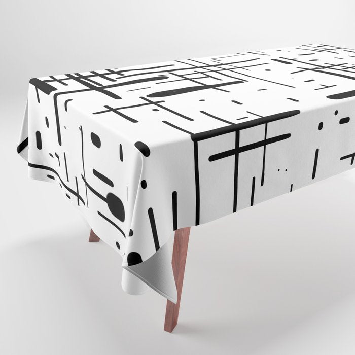 Mid-Century Modern Kinetikos Pattern Black and White Tablecloth Gallery Image 1