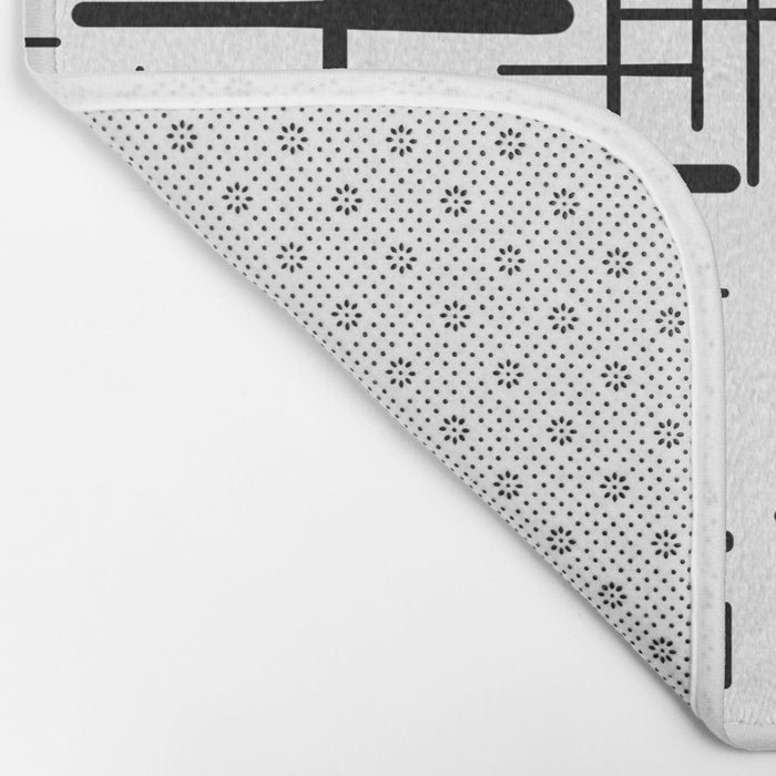 Mid-Century Modern Kinetikos Pattern Black and White Bath Mat Gallery Image 2