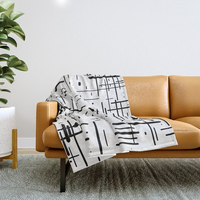Mid-Century Modern Kinetikos Pattern Black and White Throw Blanket Gallery Image 1