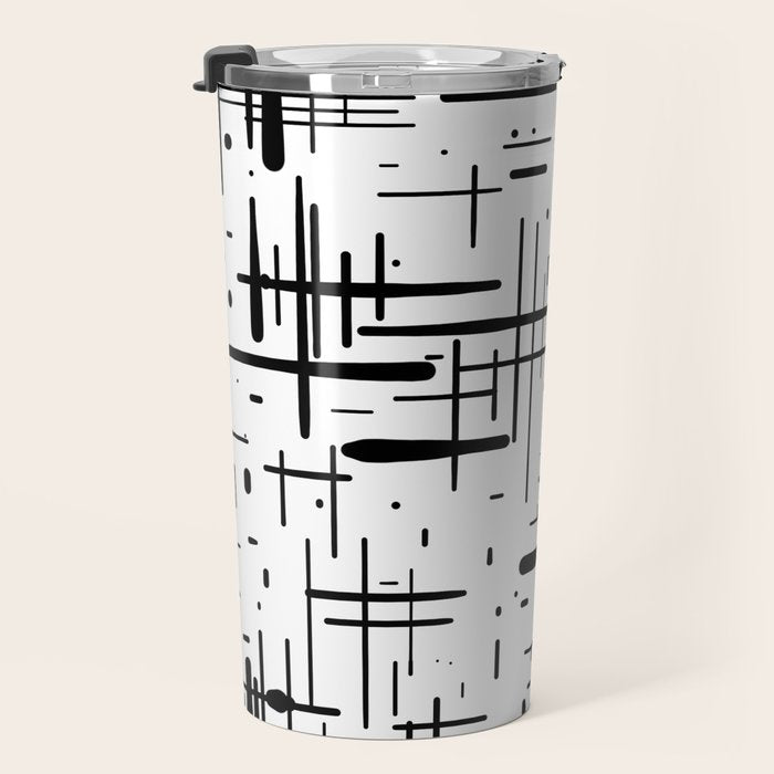Mid-Century Modern Kinetikos Pattern Black and White Travel Mug Gallery Image 3