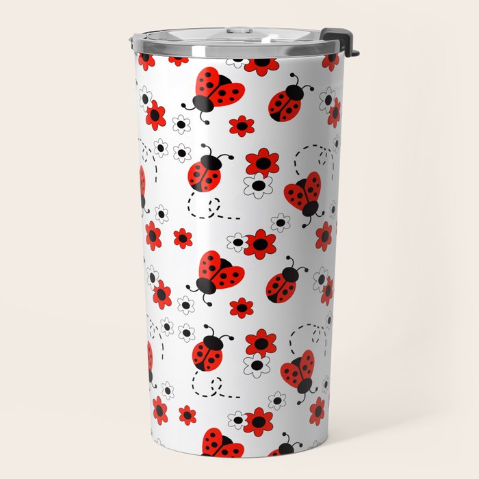 Red Ladybug Floral Pattern Travel Mug Gallery Image 2