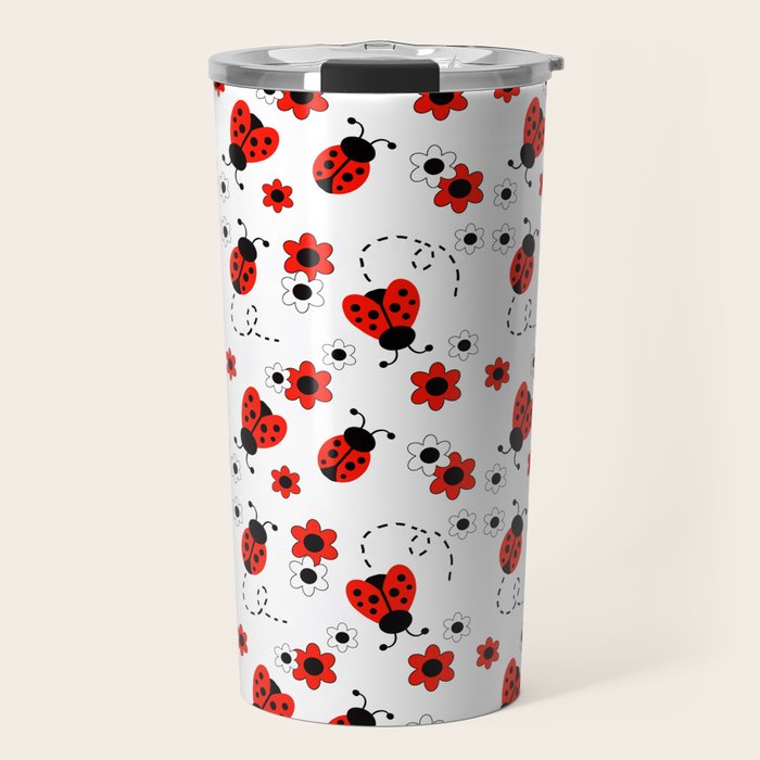 Red Ladybug Floral Pattern Travel Mug Gallery Image 1