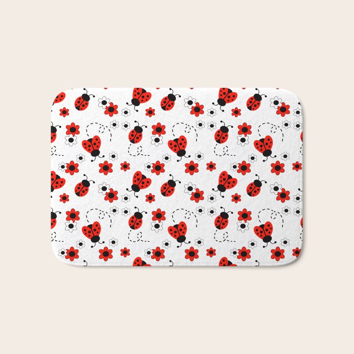 Red Ladybug Floral Pattern Bath Mat Gallery Image 1