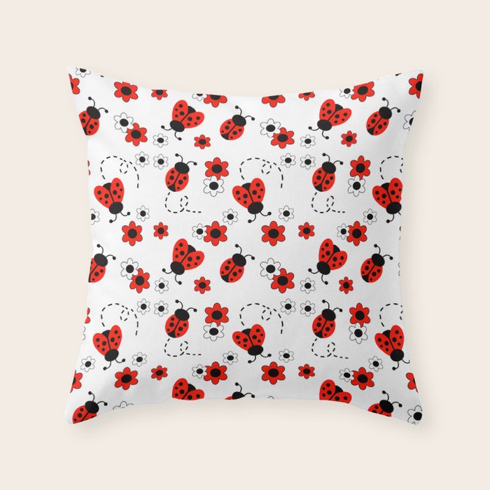 Red Ladybug Floral Pattern Throw Pillow Gallery Image 6