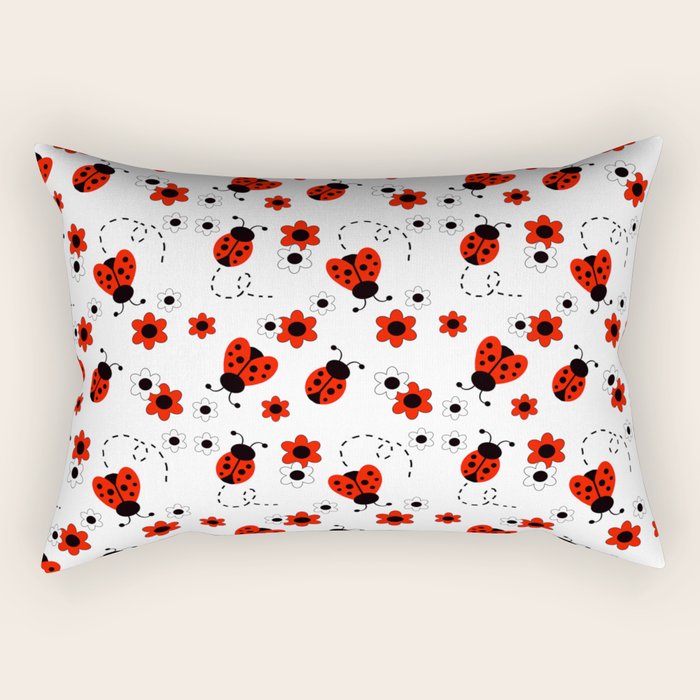 Red Ladybug Floral Pattern Rectangular Pillow Gallery Image 2