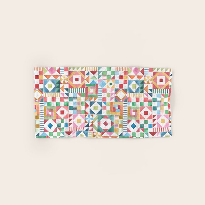 Christmas Geometric Patchwork Joy Watercolor Holiday Quilt Pattern Bath Towel Gallery Image 1