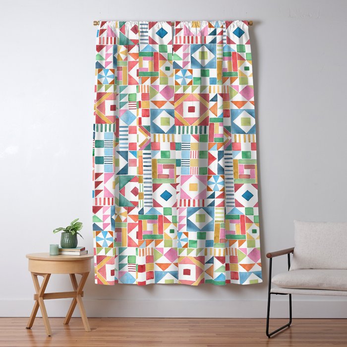 Christmas Geometric Patchwork Joy Watercolor Holiday Quilt Pattern Window Curtain Gallery Image 1
