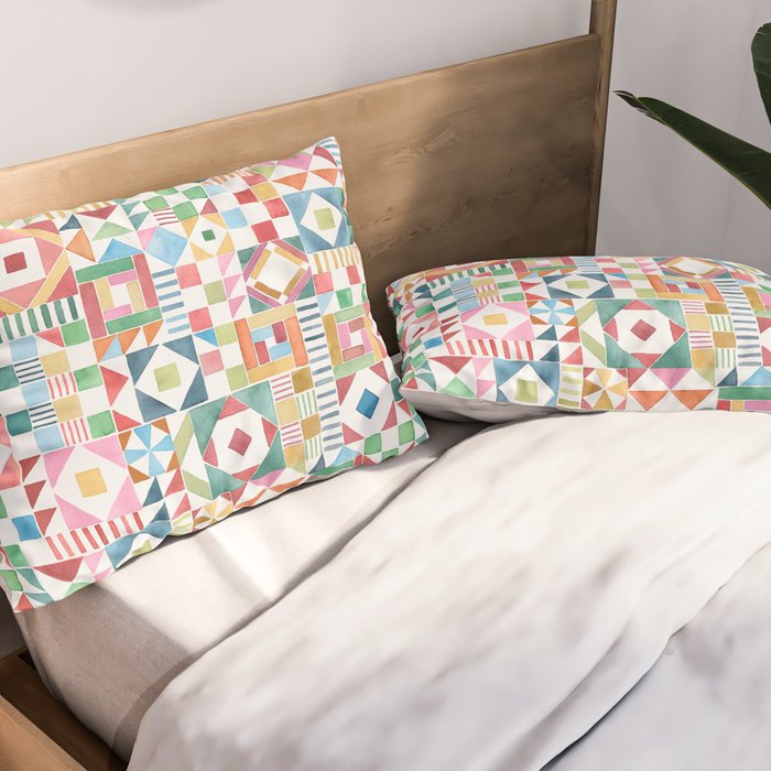 Christmas Geometric Patchwork Joy Watercolor Holiday Quilt Pattern Pillow Sham Gallery Image 2