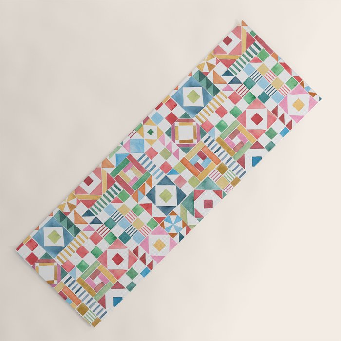 Christmas Geometric Patchwork Joy Watercolor Holiday Quilt Pattern Yoga Mat Gallery Image 1