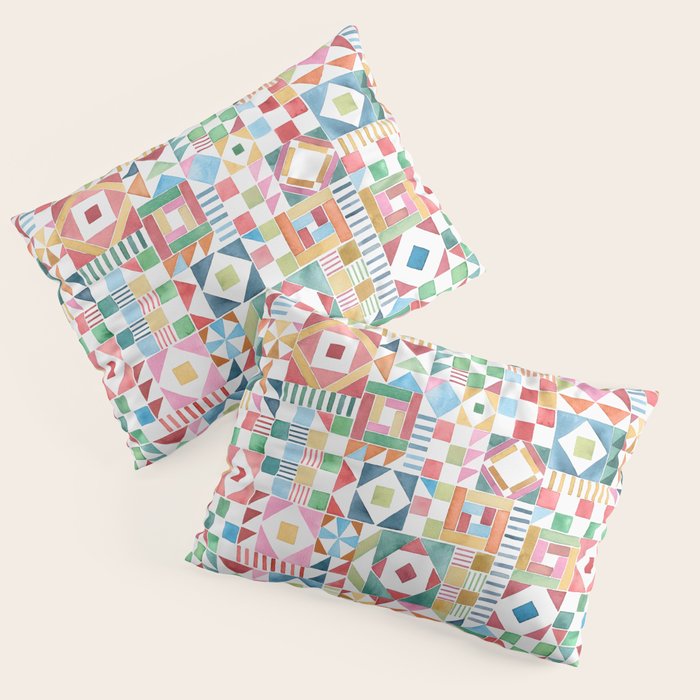 Christmas Geometric Patchwork Joy Watercolor Holiday Quilt Pattern Pillow Sham Gallery Image 3