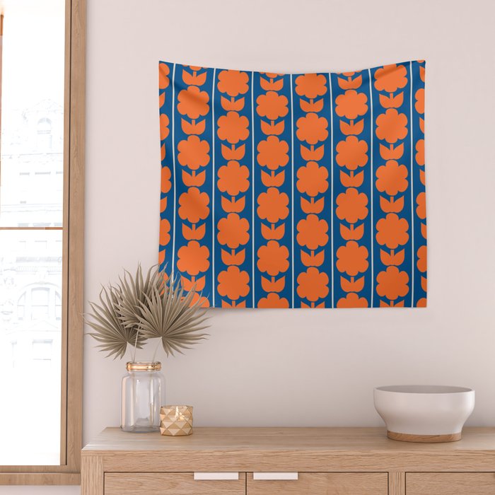 Eclectic Floral Jonnty Flowers and Stripes Orange and Blue Pattern Wall Tapestry Gallery Image 2