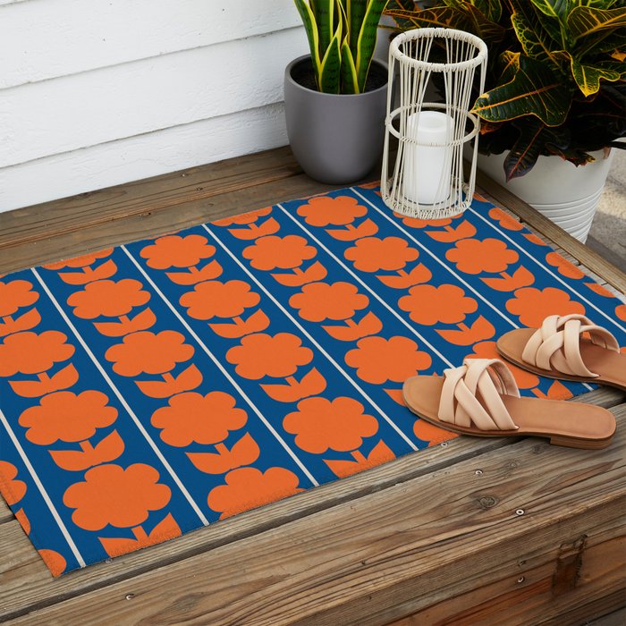 Eclectic Floral Jonnty Flowers and Stripes Orange and Blue Pattern Outdoor Rug Gallery Image 2