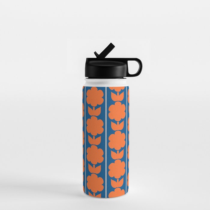 Eclectic Floral Jonnty Flowers and Stripes Orange and Blue Pattern Water Bottle Gallery Image 1