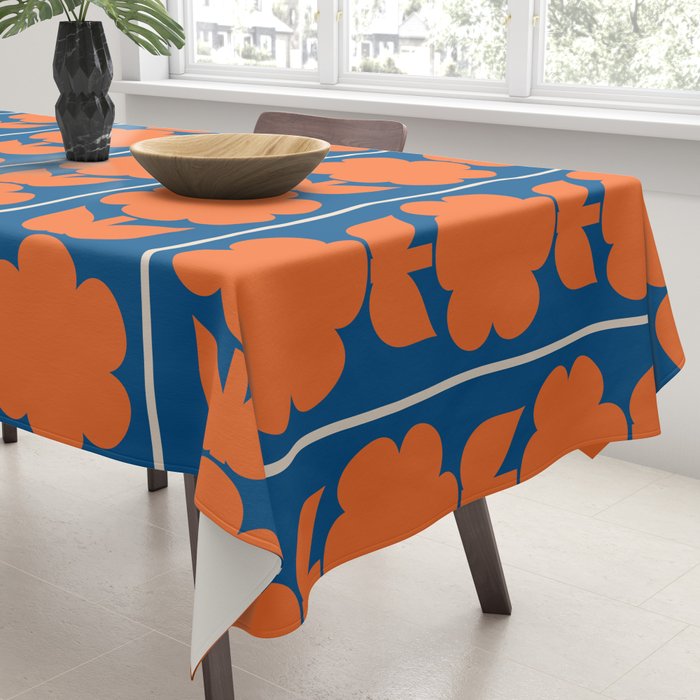 Eclectic Floral Jonnty Flowers and Stripes Orange and Blue Pattern Tablecloth Gallery Image 3