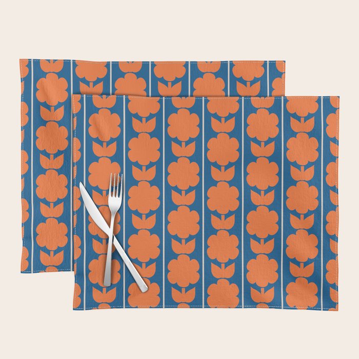 Eclectic Floral Jonnty Flowers and Stripes Orange and Blue Pattern Placemat Gallery Image 1