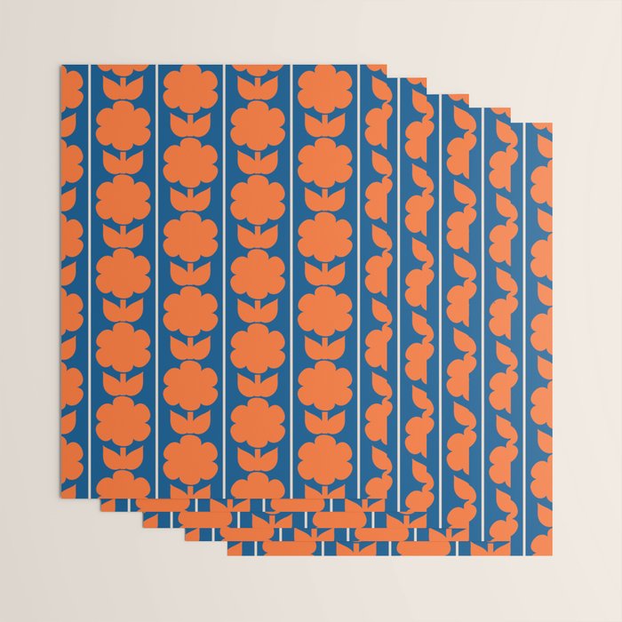 Eclectic Floral Jonnty Flowers and Stripes Orange and Blue Pattern Wrapping Paper Gallery Image 3