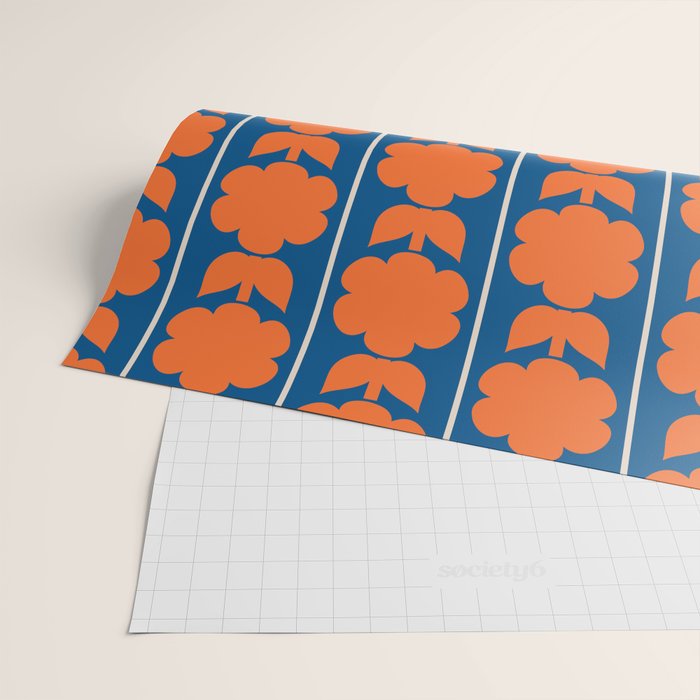 Eclectic Floral Jonnty Flowers and Stripes Orange and Blue Pattern Wrapping Paper Gallery Image 2