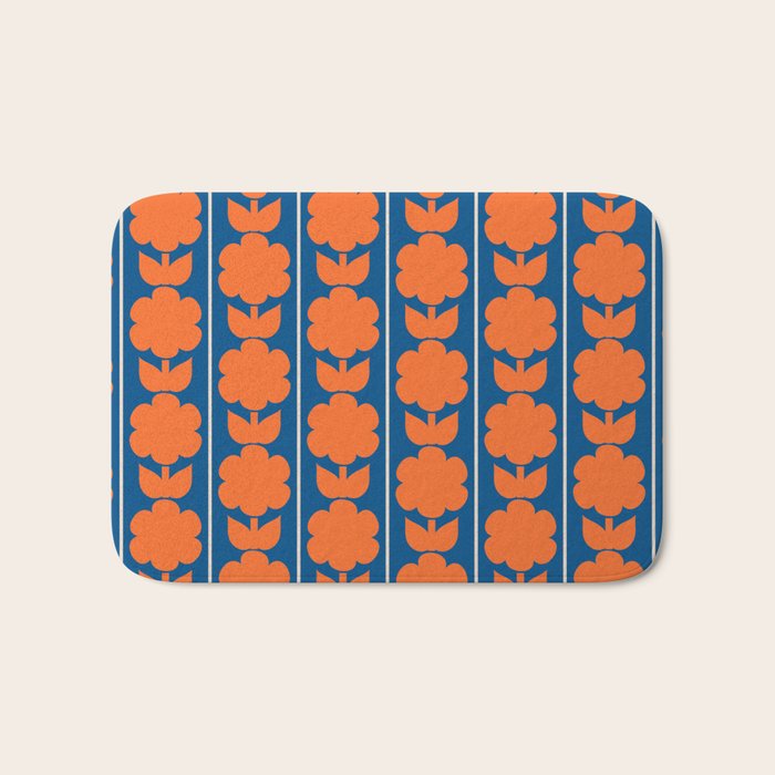 Eclectic Floral Jonnty Flowers and Stripes Orange and Blue Pattern Bath Mat Gallery Image 1