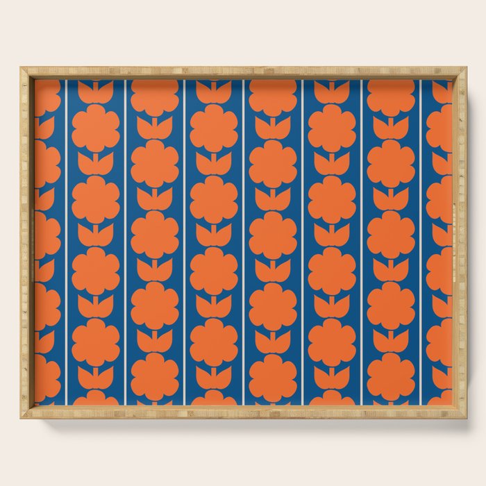 Eclectic Floral Jonnty Flowers and Stripes Orange and Blue Pattern Serving Tray Gallery Image 1