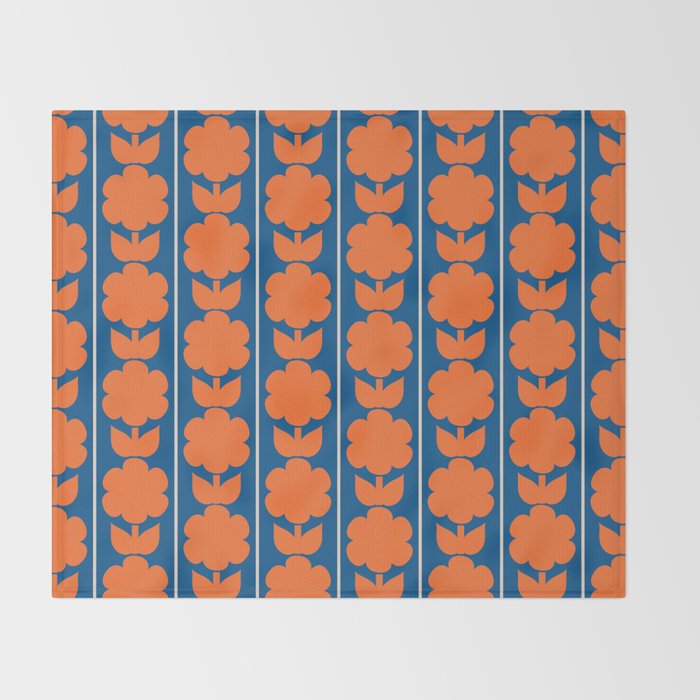 Eclectic Floral Jonnty Flowers and Stripes Orange and Blue Pattern Throw Blanket Gallery Image 2