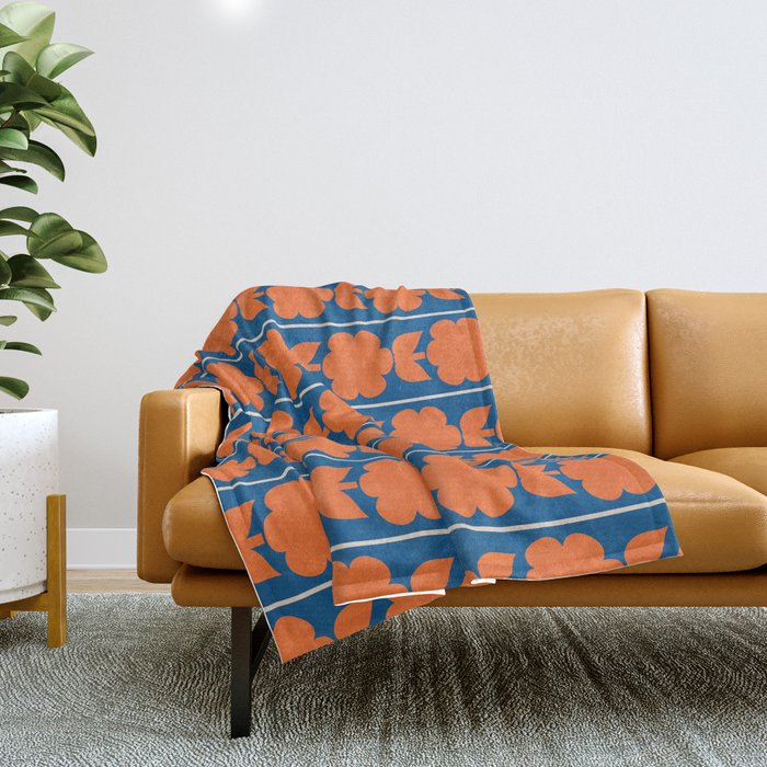 Eclectic Floral Jonnty Flowers and Stripes Orange and Blue Pattern Throw Blanket Gallery Image 1