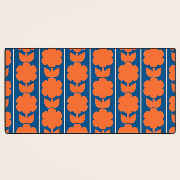 Eclectic Floral Jonnty Flowers and Stripes Orange and Blue Pattern Desk Mat Gallery Image 3