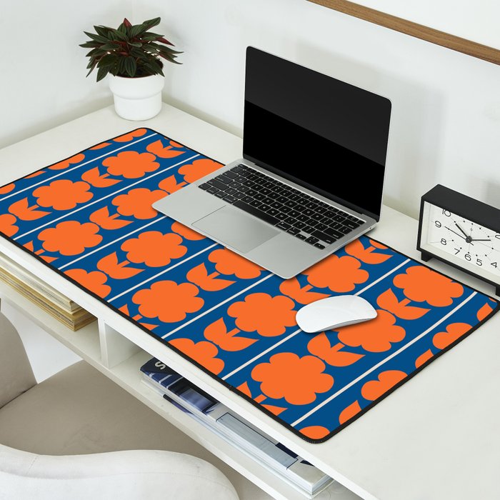 Eclectic Floral Jonnty Flowers and Stripes Orange and Blue Pattern Desk Mat Gallery Image 2