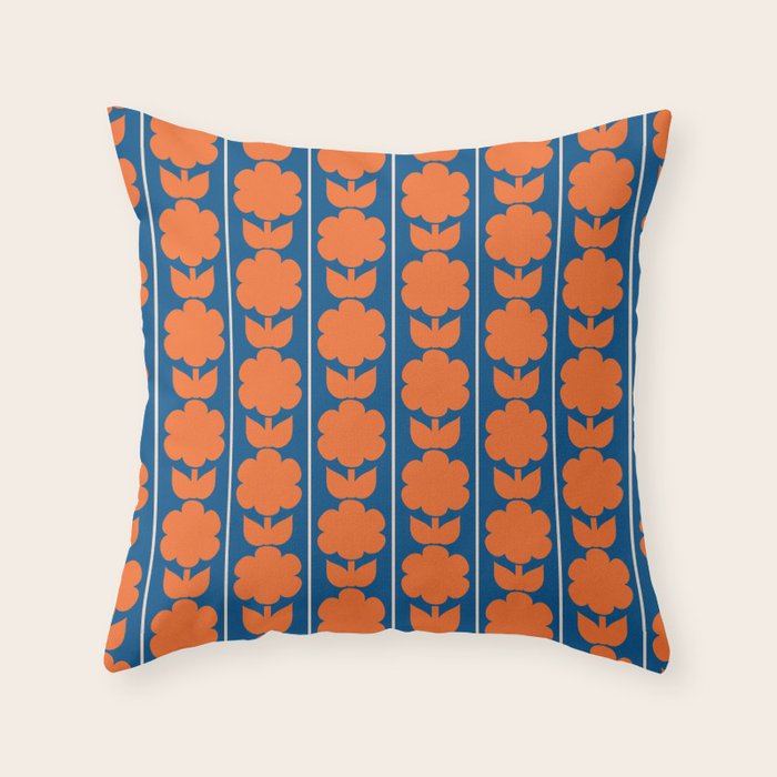 Eclectic Floral Jonnty Flowers and Stripes Orange and Blue Pattern Throw Pillow Gallery Image 6