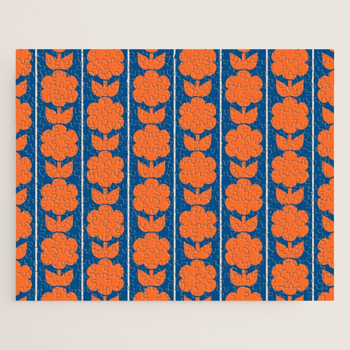 Eclectic Floral Jonnty Flowers and Stripes Orange and Blue Pattern Jigsaw Puzzle Gallery Image 1