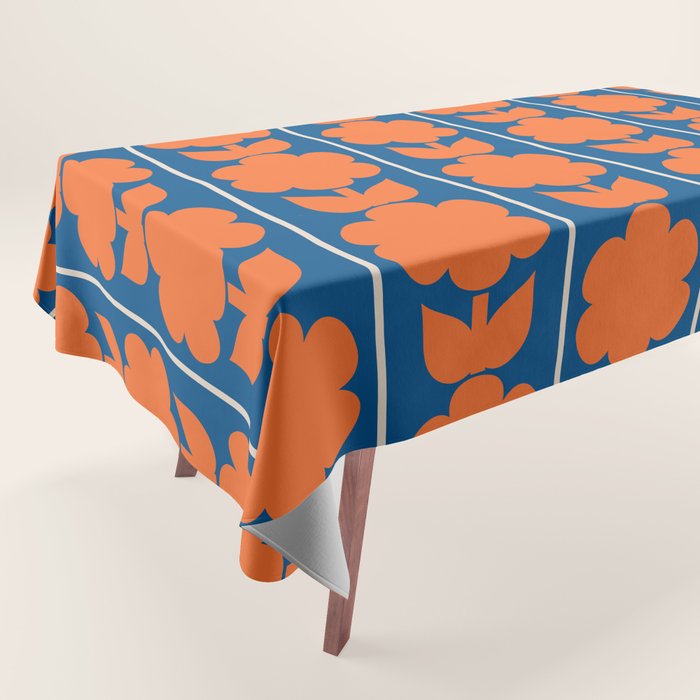 Eclectic Floral Jonnty Flowers and Stripes Orange and Blue Pattern Tablecloth Gallery Image 1