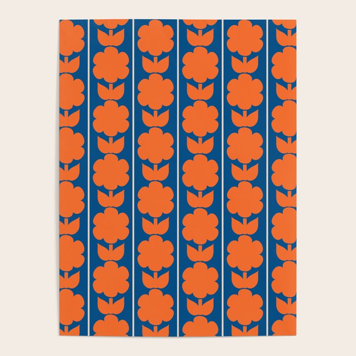 Eclectic Floral Jonnty Flowers and Stripes Orange and Blue Pattern Poster Gallery Image 4