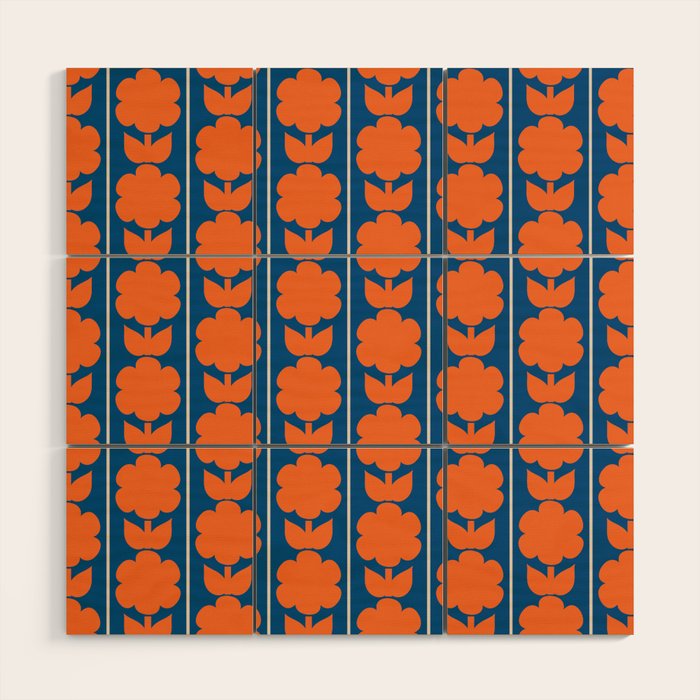 Eclectic Floral Jonnty Flowers and Stripes Orange and Blue Pattern Wood Wall Art Gallery Image 1