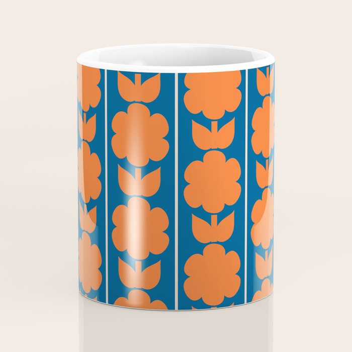 Eclectic Floral Jonnty Flowers and Stripes Orange and Blue Pattern Coffee Mug Gallery Image 4