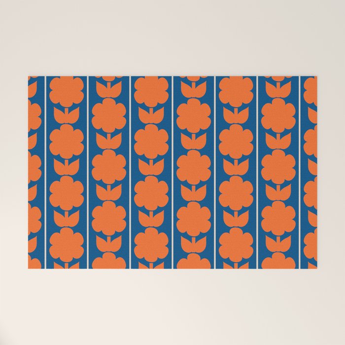 Eclectic Floral Jonnty Flowers and Stripes Orange and Blue Pattern Welcome Mat Gallery Image 1