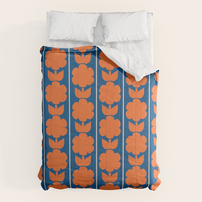 Eclectic Floral Jonnty Flowers and Stripes Orange and Blue Pattern Comforter Gallery Image 6