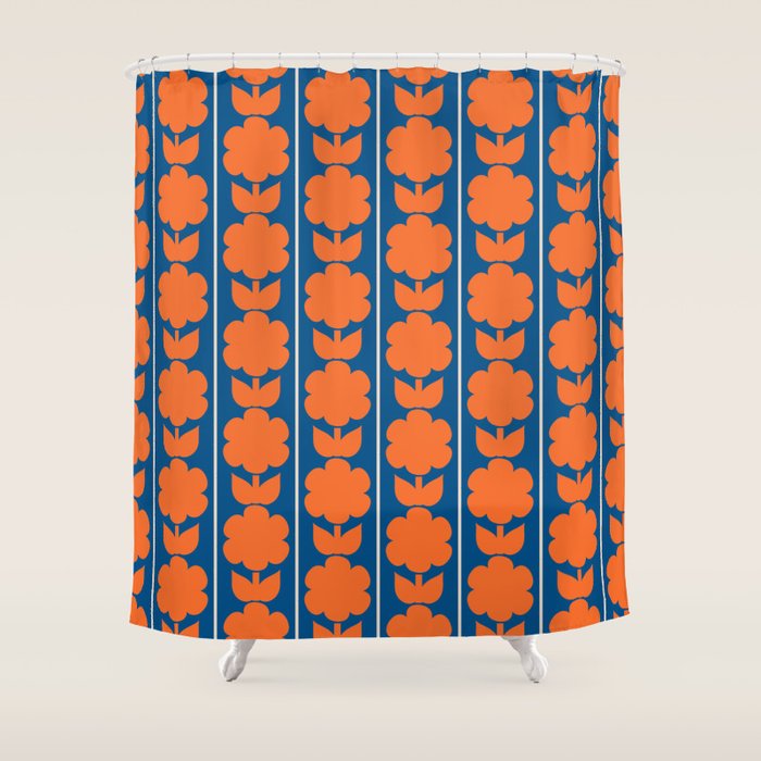 Eclectic Floral Jonnty Flowers and Stripes Orange and Blue Pattern Shower Curtain Gallery Image 1