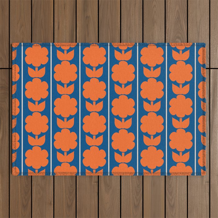 Eclectic Floral Jonnty Flowers and Stripes Orange and Blue Pattern Outdoor Rug Gallery Image 1