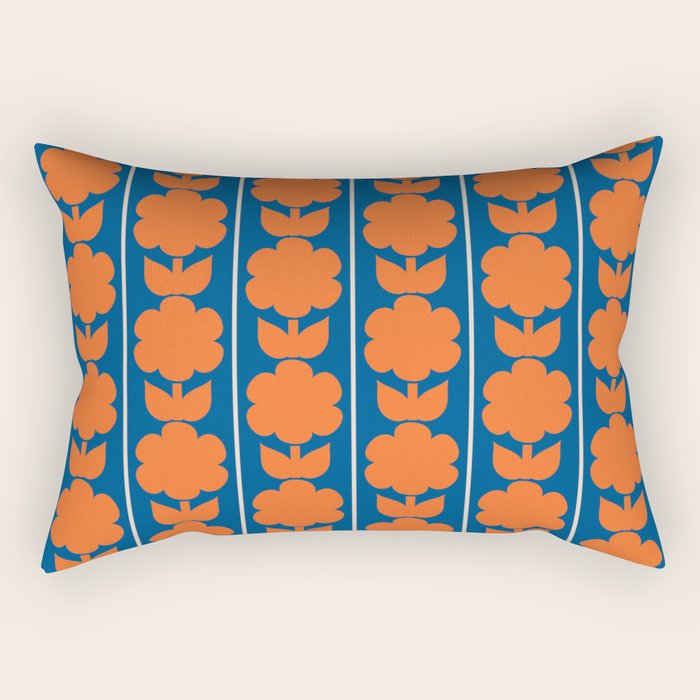 Eclectic Floral Jonnty Flowers and Stripes Orange and Blue Pattern Rectangular Pillow Gallery Image 2