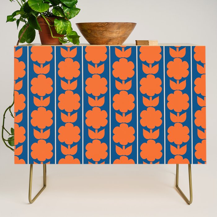 Eclectic Floral Jonnty Flowers and Stripes Orange and Blue Pattern Credenza Gallery Image 1