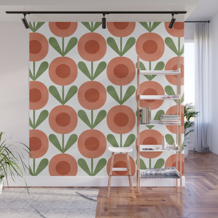 Mid Century Mod Flowers Terracotta  Wall Mural Gallery Image 1